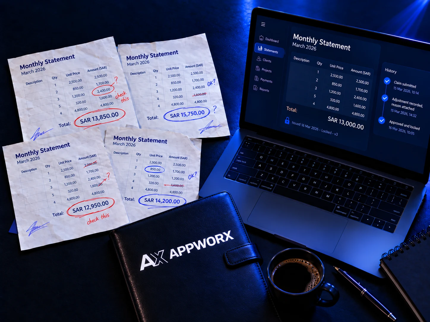 Several conflicting printed versions of the same monthly statement beside one clean stamped copy, representing an audit trail that settles disputes